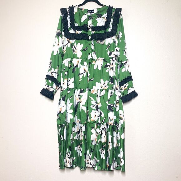Sister Jane Dresses & Skirts - Sister Jane Flora Dorm Ruffle Midi Dress XS Floral Green Long Sleeve Big Collar